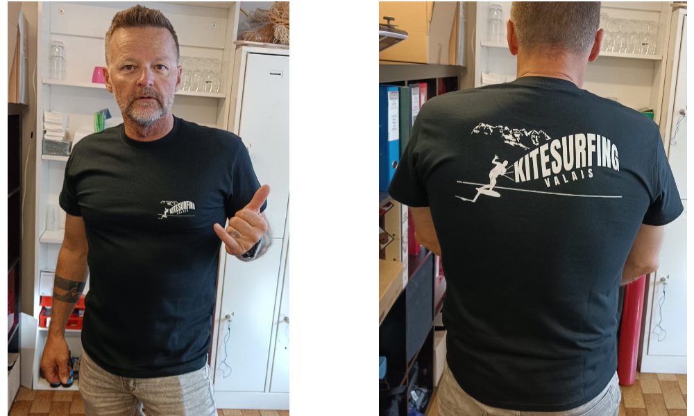 T-shirt noir Kitesurfing Valais, vu de face et de dos